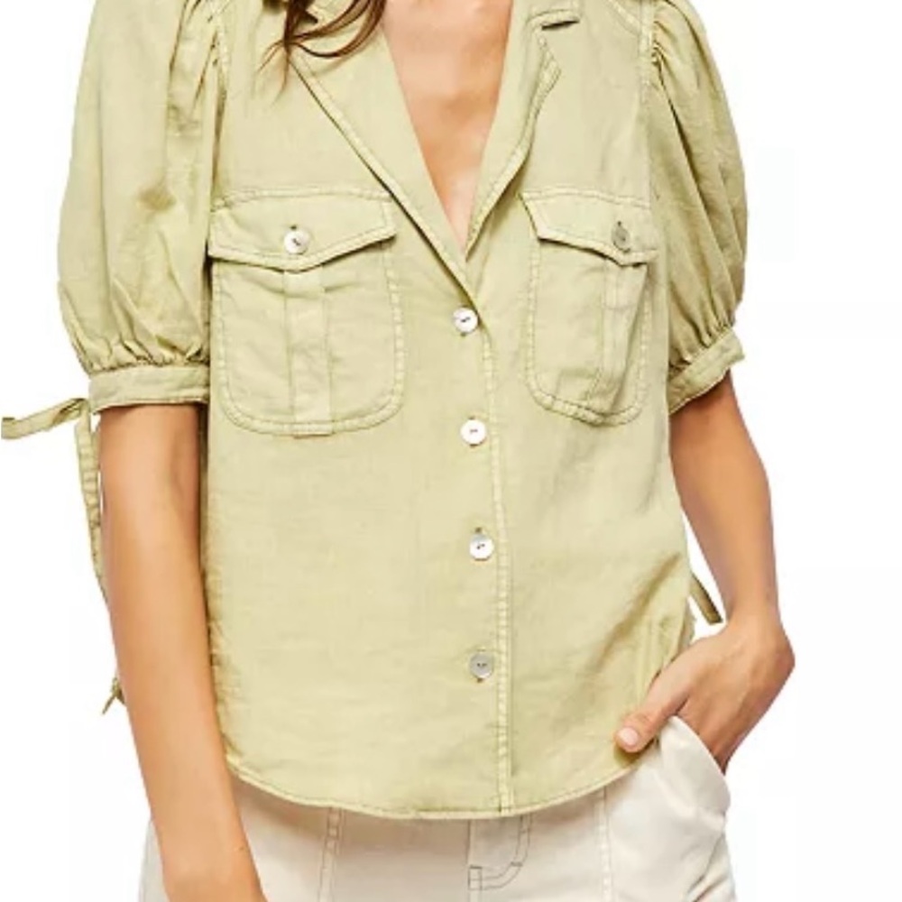 Free People Safari Babe Green Button Down Blouse, Size Large